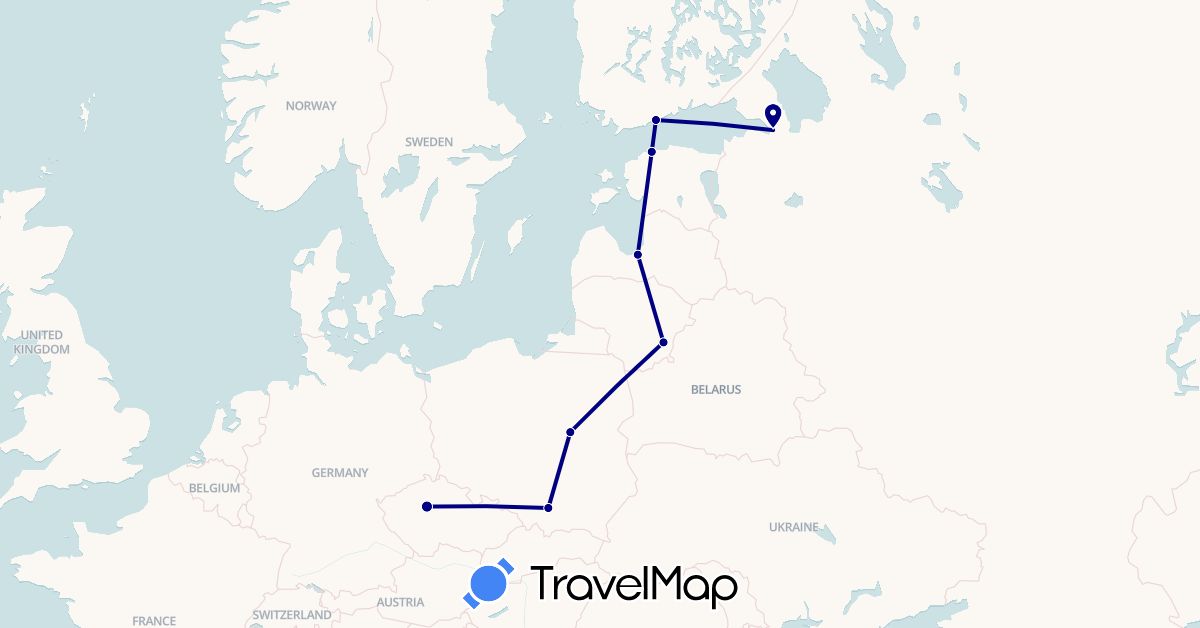 TravelMap itinerary: driving in Czech Republic, Estonia, Finland, Lithuania, Latvia, Poland, Russia (Europe)